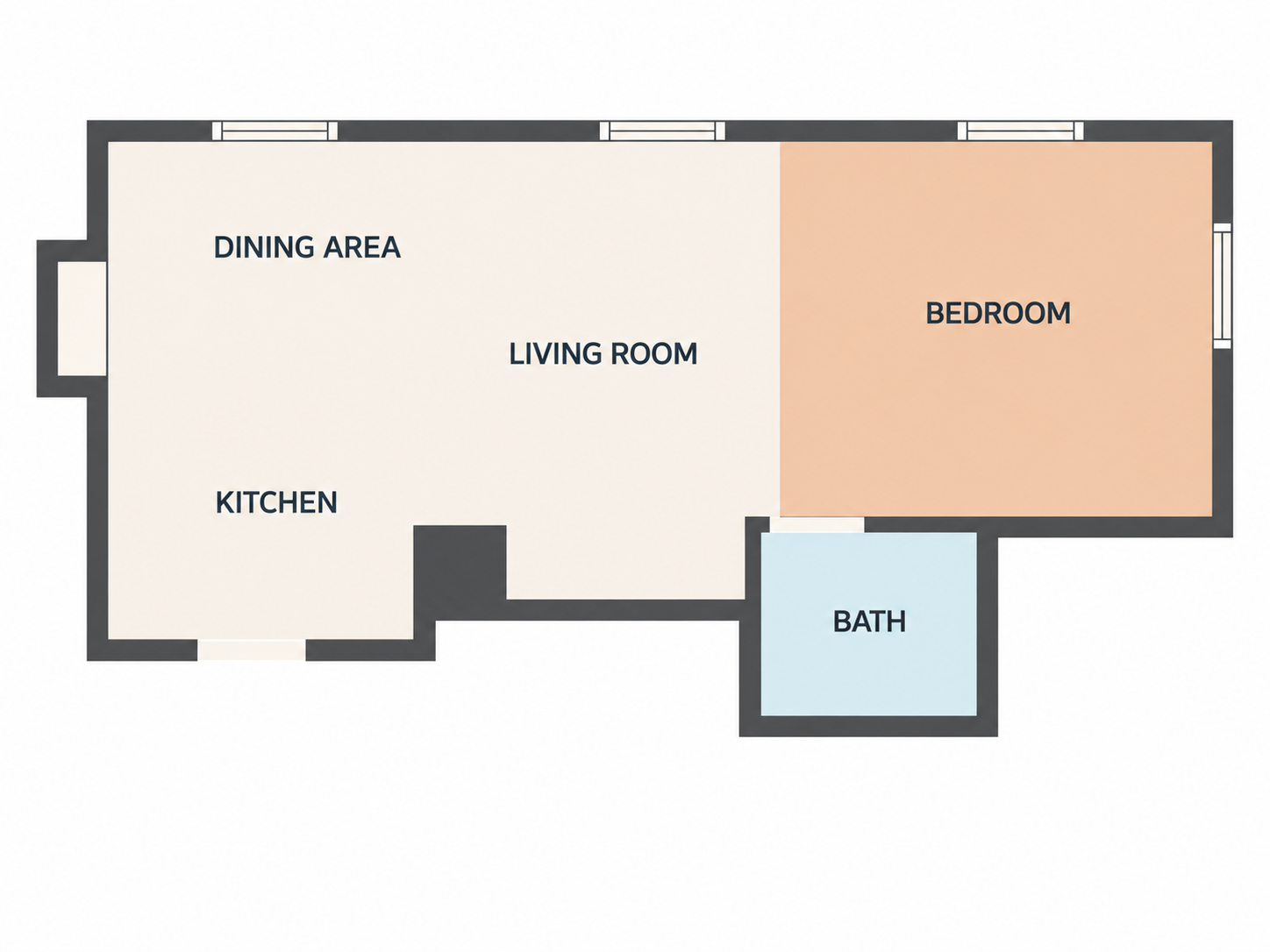 The Loft floor plan showing the kitchen, dining area, living room, bedroom and bath
